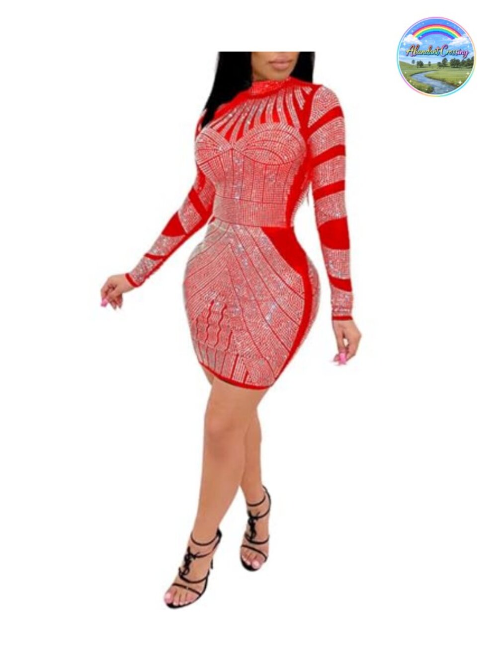 Rhinestone Bodycon Mini Dress Long Sleeve Club Evening Party